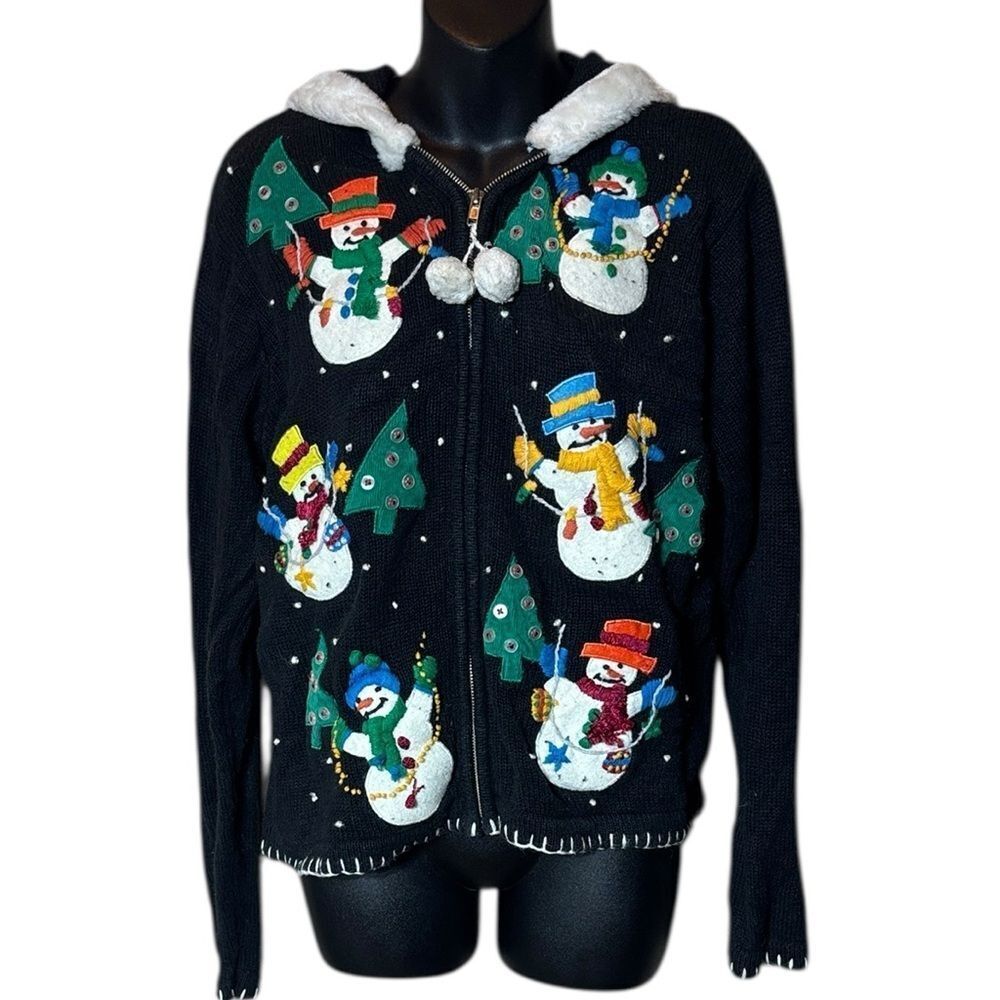 Victoria jones ramie small zip front Christmas snowman‎ embellished sweater